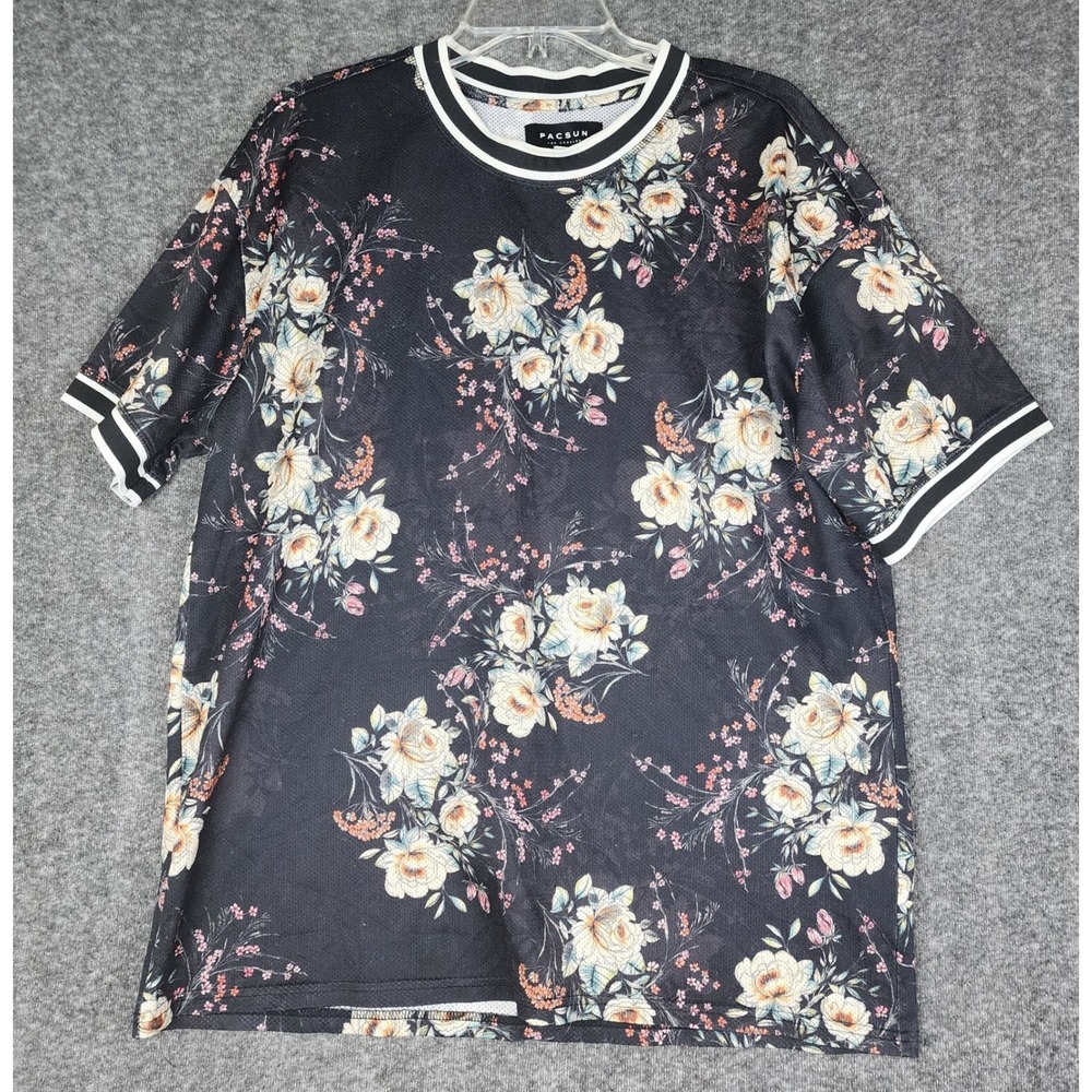 PacSun Floral Mesh Jersey Women Medium Black Rose Print Striped Trim Y2K Style